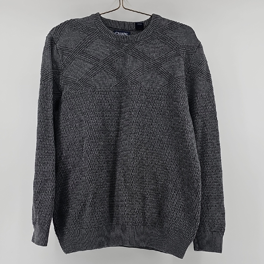 Chaps Men’s‎ Grey Textured Crew Neck Sweater, Diamond Knit Pullover, Size Large